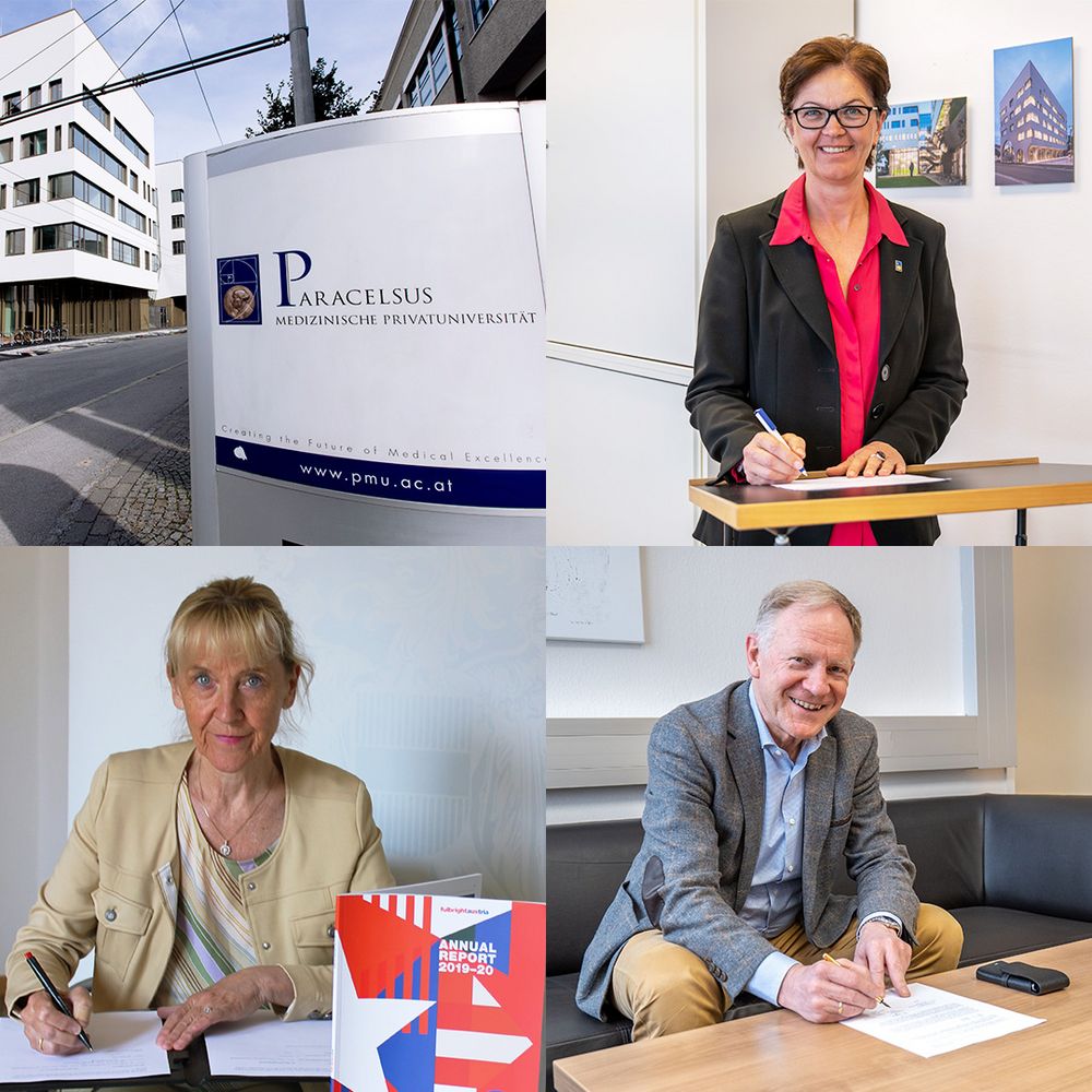Photo collage of signatories signing the agreement between Fulbright Austria and Paracelsus Medical University