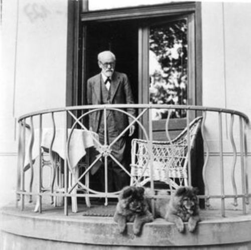 Historic photo of Sigmund Freud on balcony with chows Jofi and Lün, taken in 1933