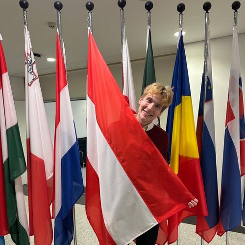 Lucas posing with Austrian flag